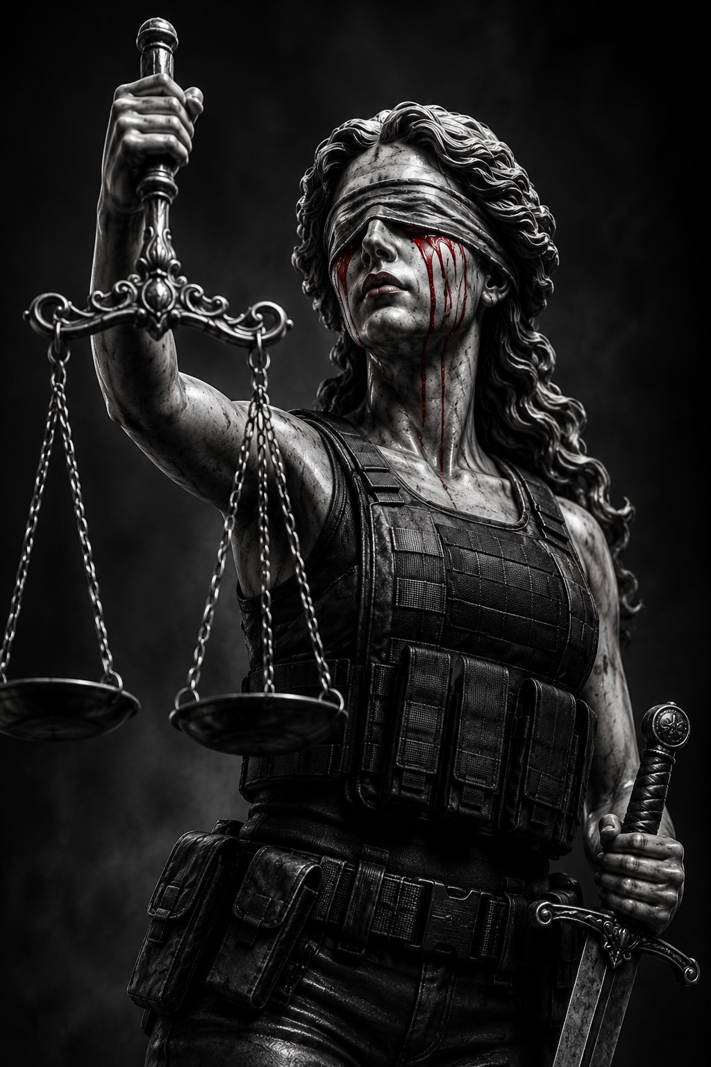 Blindfolded Lady Justice holding scales and a sword