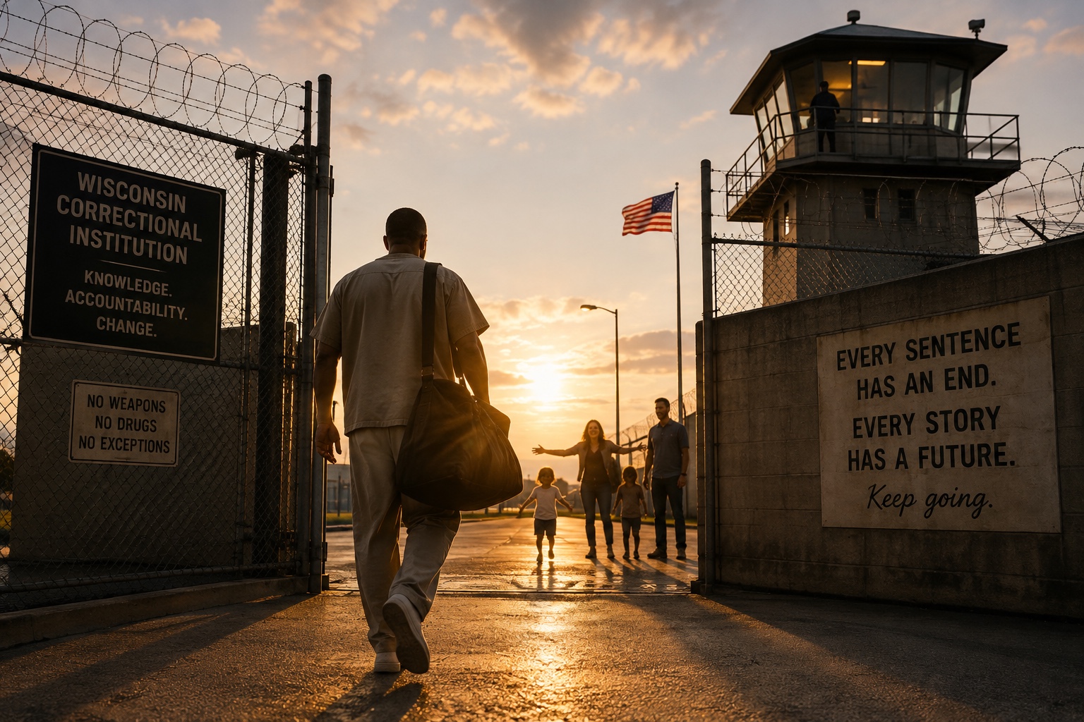 A person leaving a Wisconsin correctional institution and walking toward family waiting beyond the prison gate